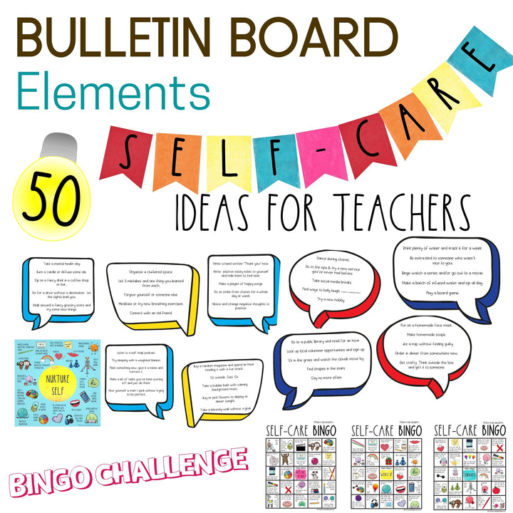 Self Care for Teachers with a Journal, Trackers, Challenges and Bulletin Board Kits